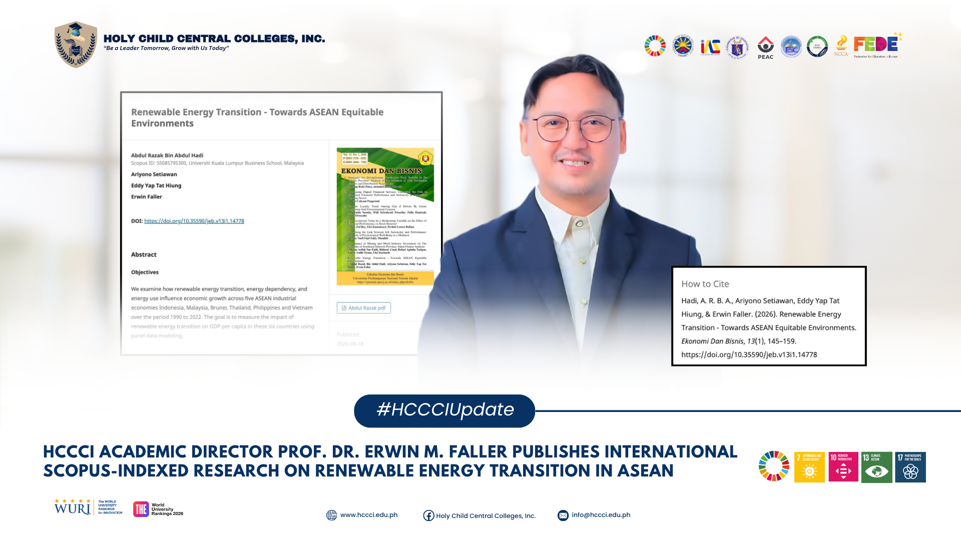 𝐇𝐂𝐂𝐂𝐈 𝐀𝐜𝐚𝐝𝐞𝐦𝐢𝐜 𝐃𝐢𝐫𝐞𝐜𝐭𝐨𝐫 𝐏𝐫𝐨𝐟. 𝐃𝐫. 𝐄𝐫𝐰𝐢𝐧 𝐌. 𝐅𝐚𝐥𝐥𝐞𝐫 𝐏𝐮𝐛𝐥𝐢𝐬𝐡𝐞𝐬 𝐈𝐧𝐭𝐞𝐫𝐧𝐚𝐭𝐢𝐨𝐧𝐚𝐥 𝐒𝐜𝐨𝐩𝐮𝐬-𝐈𝐧𝐝𝐞𝐱𝐞𝐝 𝐑𝐞𝐬𝐞𝐚𝐫𝐜𝐡 𝐨𝐧 𝐑𝐞𝐧𝐞𝐰𝐚𝐛𝐥𝐞 𝐄𝐧𝐞𝐫𝐠𝐲 𝐓𝐫𝐚𝐧𝐬𝐢𝐭𝐢𝐨𝐧 𝐢𝐧 𝐀𝐒𝐄𝐀𝐍