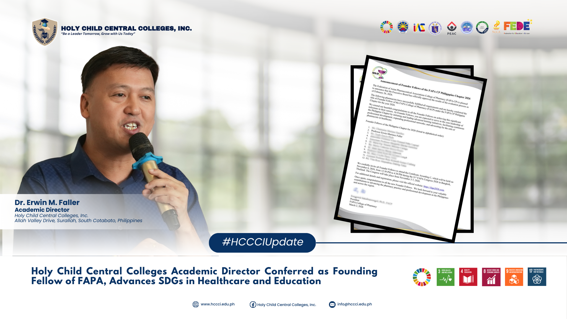 𝐇𝐨𝐥𝐲 𝐂𝐡𝐢𝐥𝐝 𝐂𝐞𝐧𝐭𝐫𝐚𝐥 𝐂𝐨𝐥𝐥𝐞𝐠𝐞𝐬 𝐀𝐜𝐚𝐝𝐞𝐦𝐢𝐜 𝐃𝐢𝐫𝐞𝐜𝐭𝐨𝐫 𝐂𝐨𝐧𝐟𝐞𝐫𝐫𝐞𝐝 𝐚𝐬 𝐅𝐨𝐮𝐧𝐝𝐢𝐧𝐠 𝐅𝐞𝐥𝐥𝐨𝐰 𝐨𝐟 𝐅𝐀𝐏𝐀, 𝐀𝐝𝐯𝐚𝐧𝐜𝐞𝐬 𝐑𝐞𝐠𝐢𝐨𝐧𝐚𝐥 𝐇𝐞𝐚𝐥𝐭𝐡𝐜𝐚𝐫𝐞 𝐚𝐧𝐝 𝐄𝐝𝐮𝐜𝐚𝐭𝐢𝐨𝐧