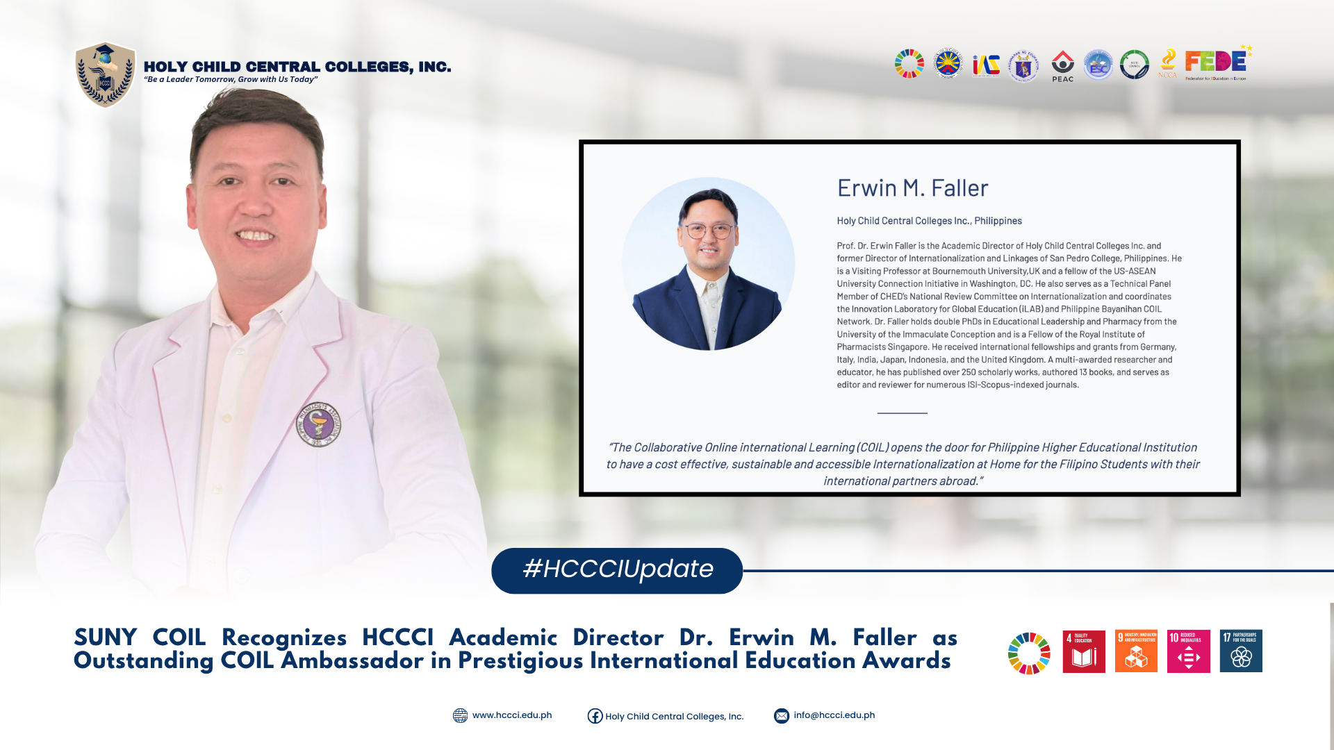 𝐒𝐔𝐍𝐘 𝐂𝐎𝐈𝐋 𝐑𝐞𝐜𝐨𝐠𝐧𝐢𝐳𝐞𝐬 𝐇𝐂𝐂𝐂𝐈 𝐀𝐜𝐚𝐝𝐞𝐦𝐢𝐜 𝐃𝐢𝐫𝐞𝐜𝐭𝐨𝐫 𝐃𝐫. 𝐄𝐫𝐰𝐢𝐧 𝐌. 𝐅𝐚𝐥𝐥𝐞𝐫 𝐚𝐬 𝐎𝐮𝐭𝐬𝐭𝐚𝐧𝐝𝐢𝐧𝐠 𝐂𝐎𝐈𝐋 𝐀𝐦𝐛𝐚𝐬𝐬𝐚𝐝𝐨𝐫 𝐢𝐧 𝐏𝐫𝐞𝐬𝐭𝐢𝐠𝐢𝐨𝐮𝐬 𝐈𝐧𝐭𝐞𝐫𝐧𝐚𝐭𝐢𝐨𝐧𝐚𝐥 𝐄𝐝𝐮𝐜𝐚𝐭𝐢𝐨𝐧 𝐀𝐰𝐚𝐫𝐝𝐬